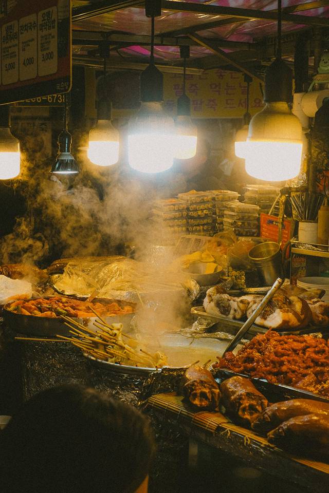 Street food stalls in Myeongdong at night